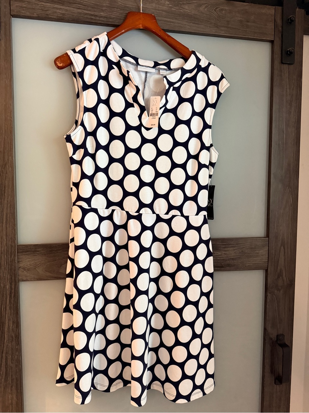New York and Company  Navy and White Polka Dot Sleeveless Dress